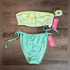 Floral Reversible Bandeau & Blue Tie-Side Bikini Bottoms Set, Top: S, Bottoms: M